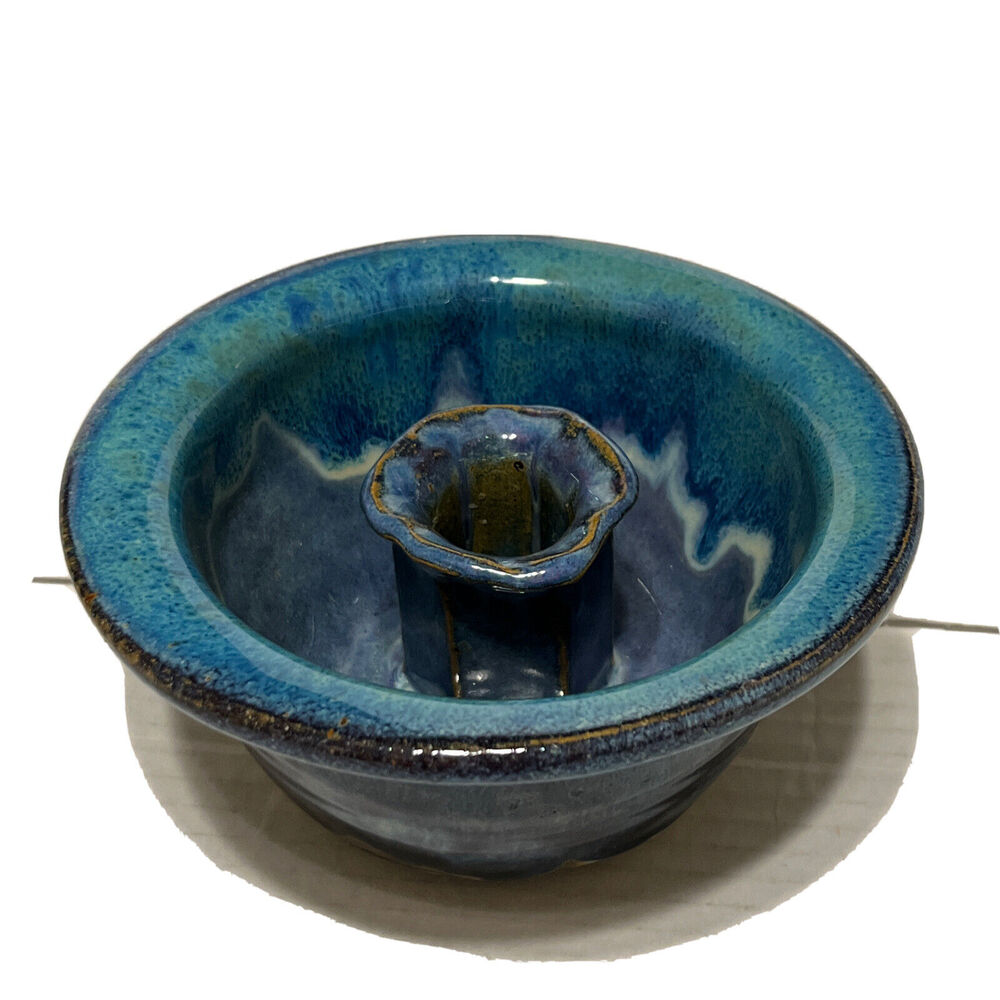 Smoky Mountain Pottery Candle Holder Glazed Blue Round Hand Made Gatlingburg TN